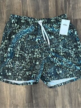 Nike Men’s Black & Teal Graphic Swim Trunks with White Drawstring